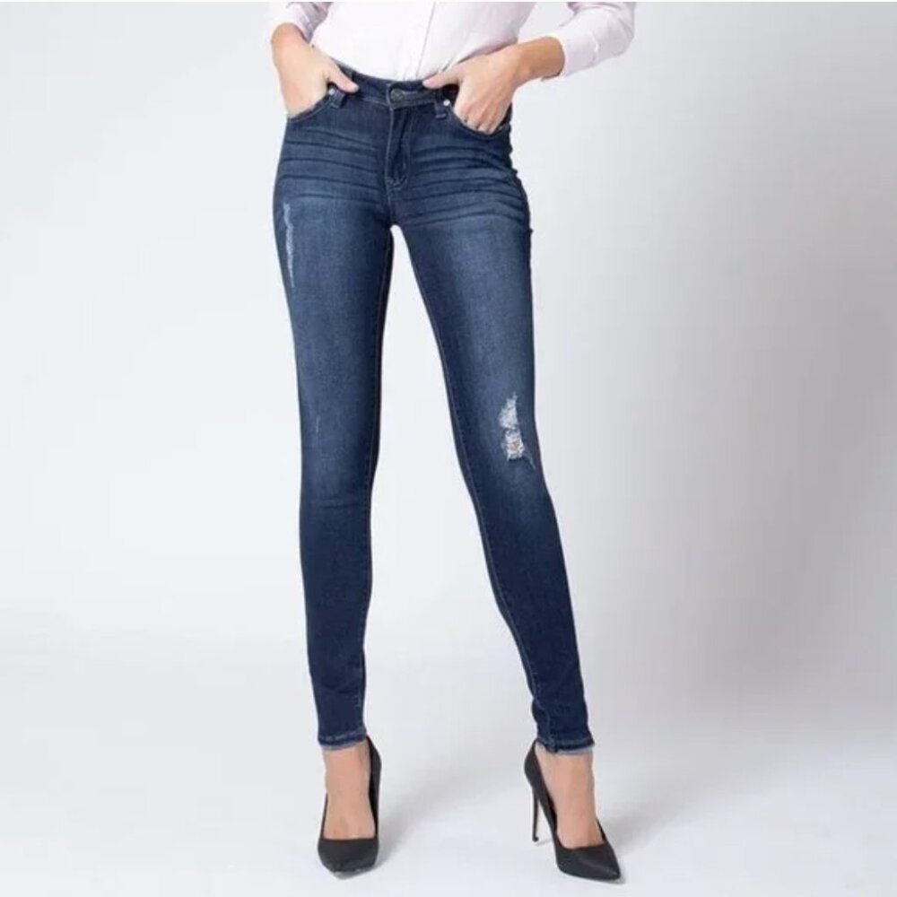 KanCan Dark Wash Skinny Jeans with Fading and Distress